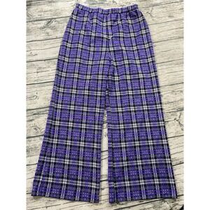 Pykettes 70s Elastic Waist (msrd 26x25) Purple Tartan Plaid Wide Leg Bell Flare‎